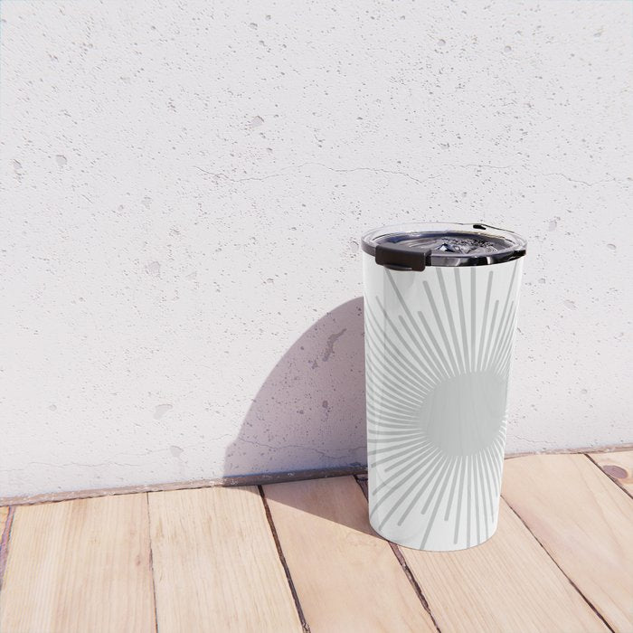 Mid Century Modern Sunburst Sun in Light Gray on White Travel Mug Gallery Image 4
