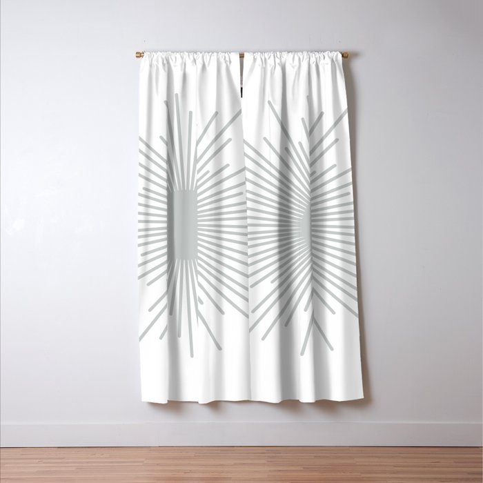 Mid Century Modern Sunburst Sun in Light Gray on White Window Curtain Gallery Image 3