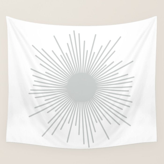 Mid Century Modern Sunburst Sun in Light Gray on White Wall Tapestry Gallery Image 4