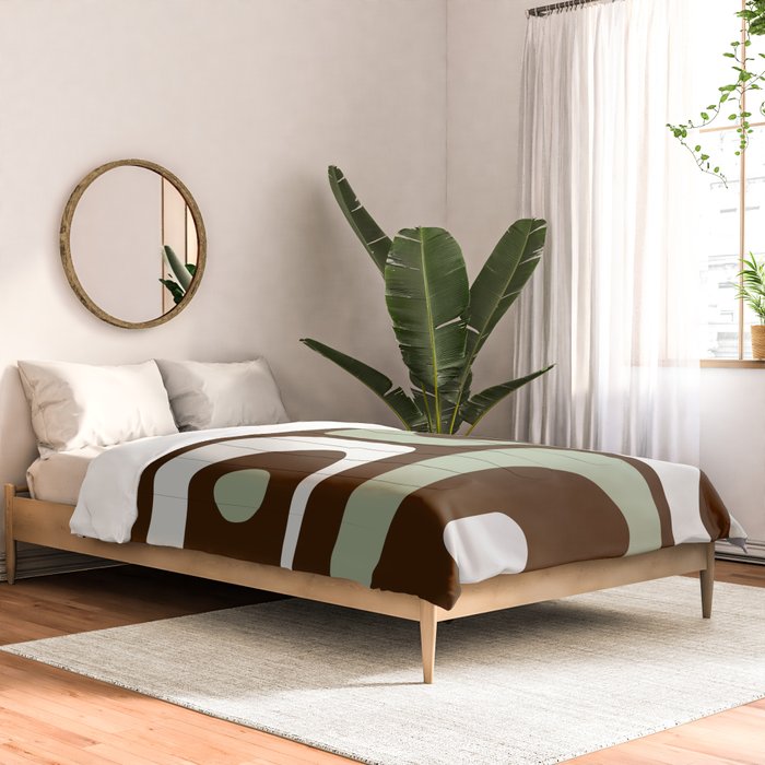 Mid-Century Modern Piquet Minimalist Abstract in Brown, Sage, Pale Gray, and Off White Comforter Gallery Image 2