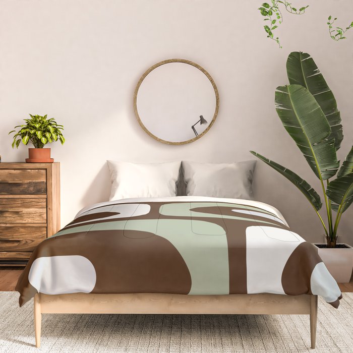 Mid-Century Modern Piquet Minimalist Abstract in Brown, Sage, Pale Gray, and Off White Comforter Gallery Image 3