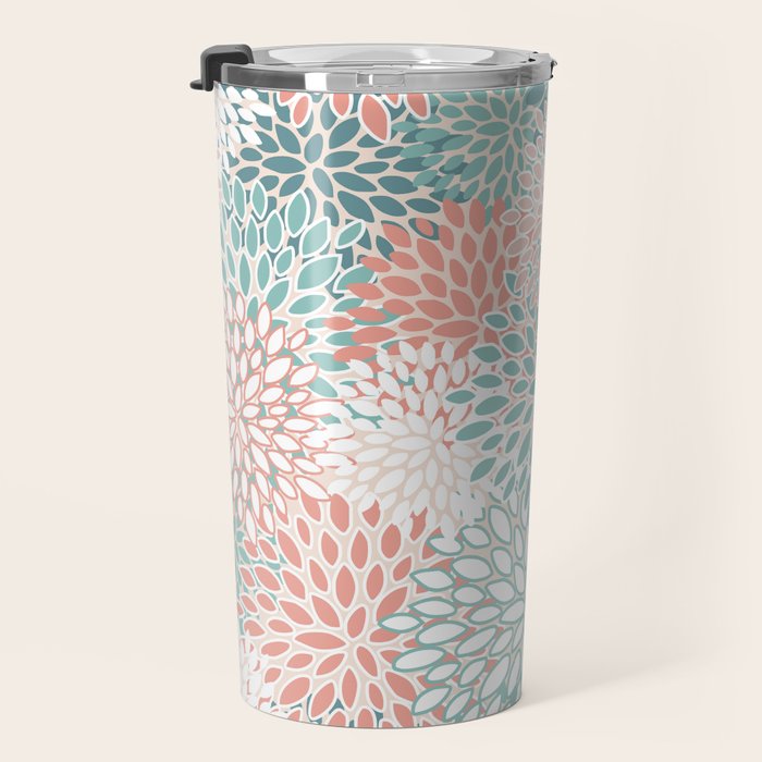 Modern Floral Prints, Coral Teal and Green Travel Mug Gallery Image 3