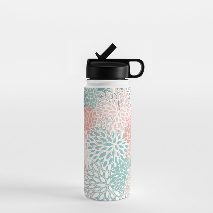 Modern Floral Prints, Coral Teal and Green Water Bottle Gallery Image 1