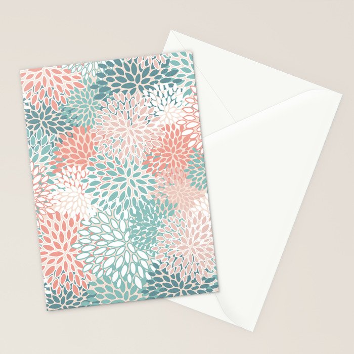 Modern Floral Prints, Coral Teal and Green Stationery Card Gallery Image 2