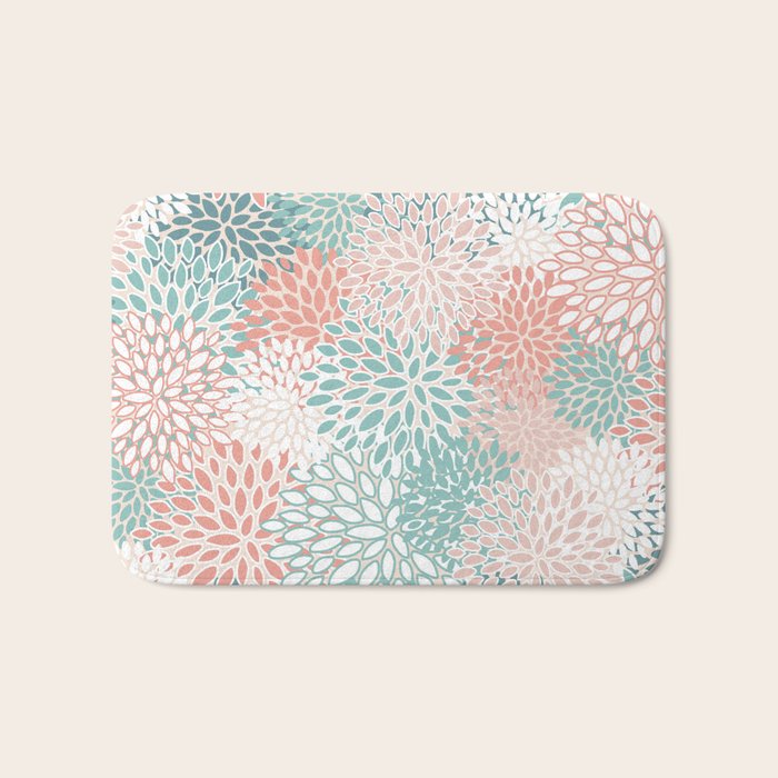 Modern Floral Prints, Coral Teal and Green Bath Mat Gallery Image 1