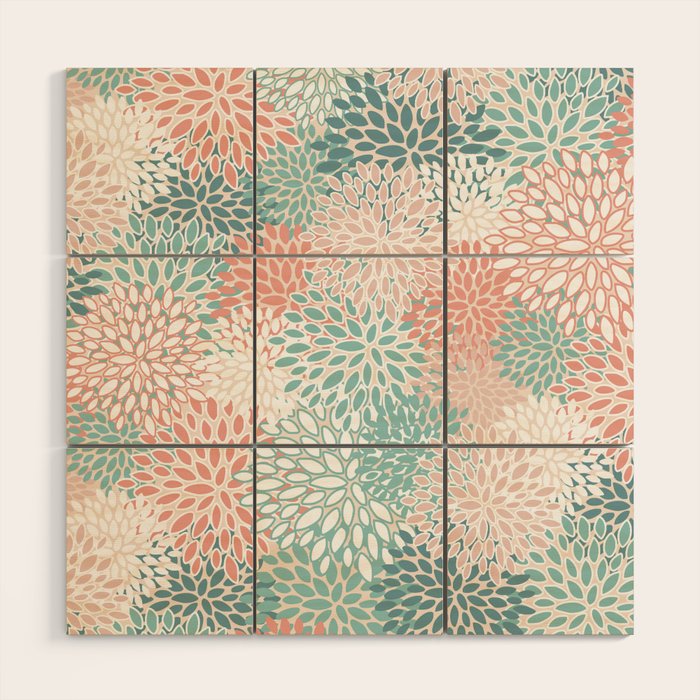 Modern Floral Prints, Coral Teal and Green Wood Wall Art Gallery Image 1