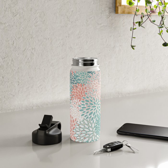 Modern Floral Prints, Coral Teal and Green Water Bottle Gallery Image 4