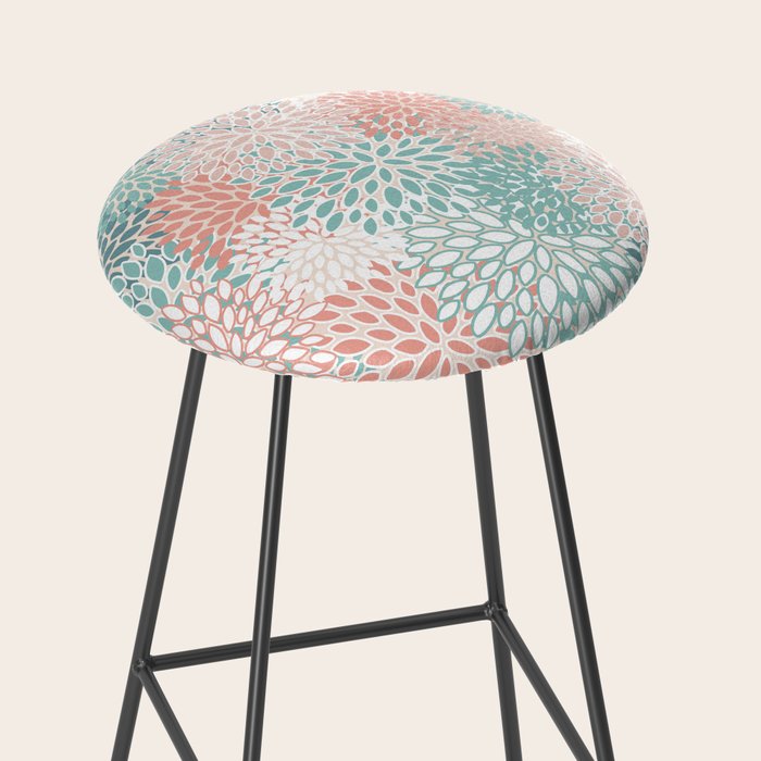 Modern Floral Prints, Coral Teal and Green Stool Gallery Image 2
