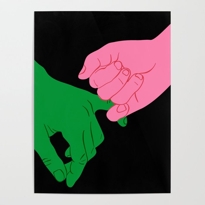 Colorful people holding hands flat cartoon illustration print Poster Gallery Image 4