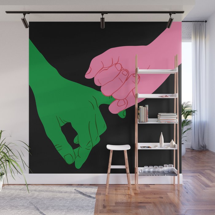 Colorful people holding hands flat cartoon illustration print Wall Mural Gallery Image 1