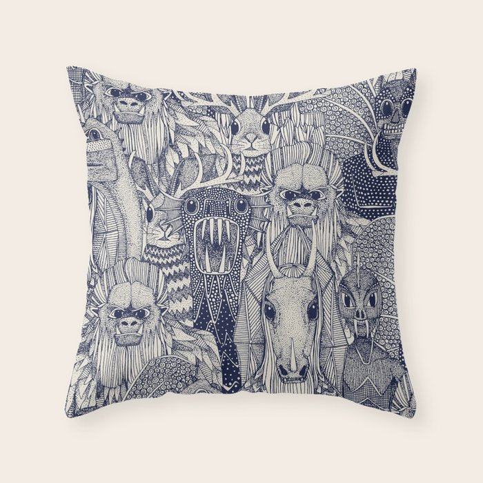 cryptid crowd blue off white Throw Pillow Gallery Image 1