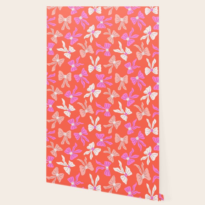 Playful Scattered Coquette Bows Vibrant Pink White Peach and Red Wallpaper Gallery Image 2