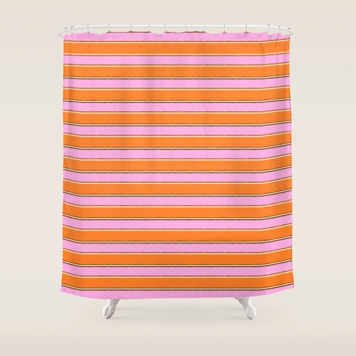 Colorful Eclectic Watercolor Paper Stripes Pattern Pink Orange Brown Cream Shower Curtain Gallery Image 1