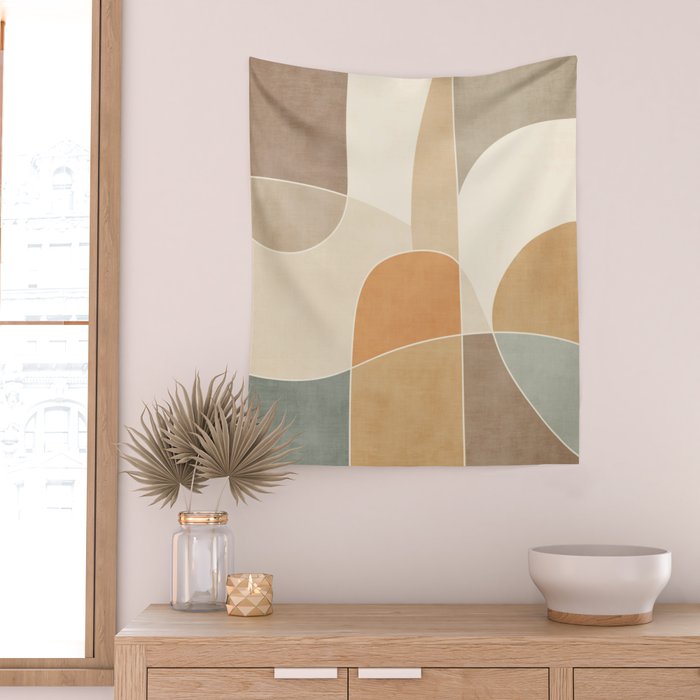 Soft Brown Tan Green Beige Modern Artwork Wall Tapestry Gallery Image 2