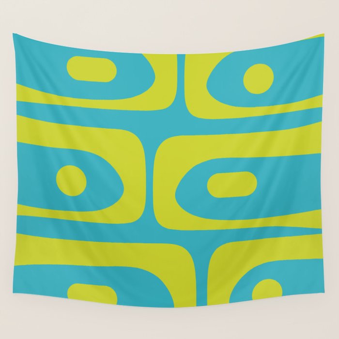 Mid Century Modern Piquet Abstract Pattern in Bright Lime Green and Turquoise Wall Tapestry Gallery Image 4