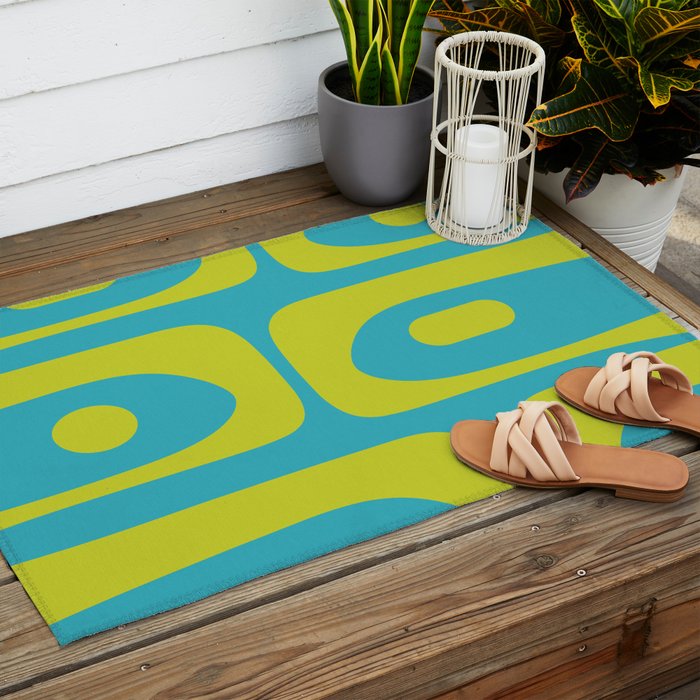 Mid Century Modern Piquet Abstract Pattern in Bright Lime Green and Turquoise Outdoor Rug Gallery Image 2