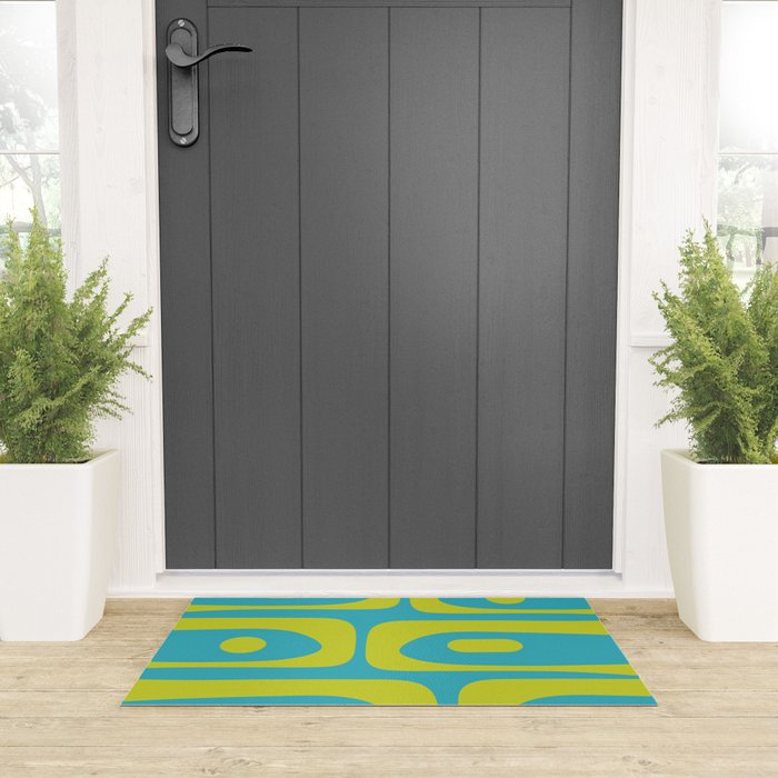 Mid Century Modern Piquet Abstract Pattern in Bright Lime Green and Turquoise Welcome Mat Gallery Image 3