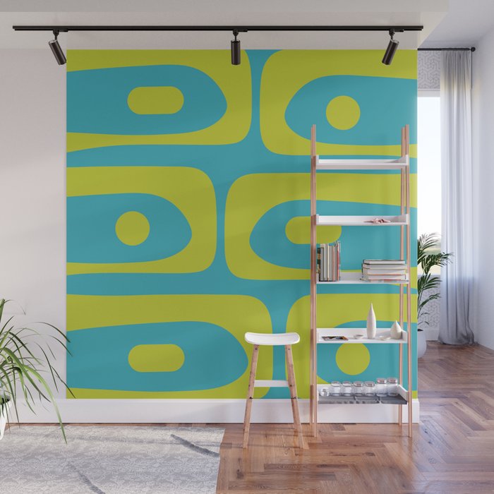 Mid Century Modern Piquet Abstract Pattern in Bright Lime Green and Turquoise Wall Mural Gallery Image 1
