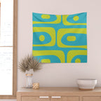 Mid Century Modern Piquet Abstract Pattern in Bright Lime Green and Turquoise Wall Tapestry Gallery Image 2
