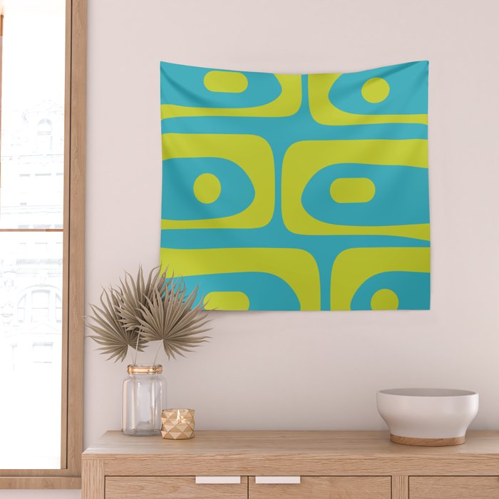 Mid Century Modern Piquet Abstract Pattern in Bright Lime Green and Turquoise Wall Tapestry Gallery Image 2