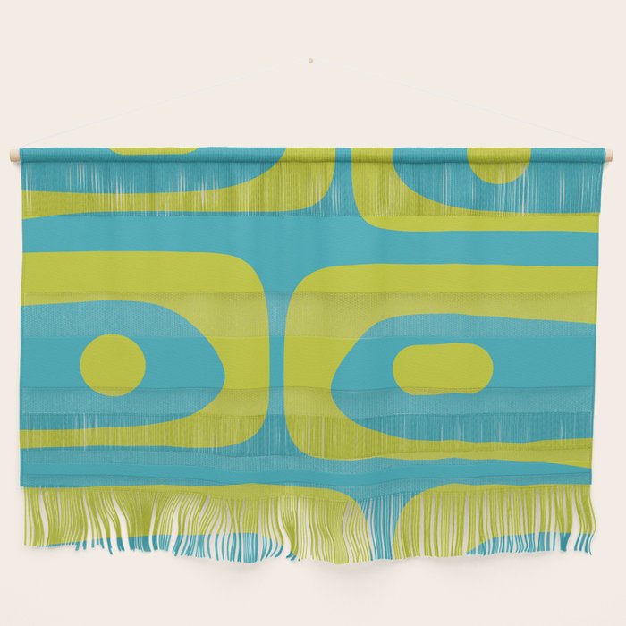 Mid Century Modern Piquet Abstract Pattern in Bright Lime Green and Turquoise Wall Hanging Gallery Image 1