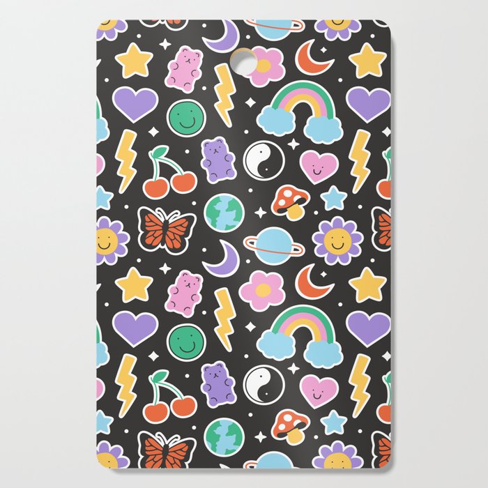 Fun retro cartoon doodle sticker pattern Cutting Board Gallery Image 1