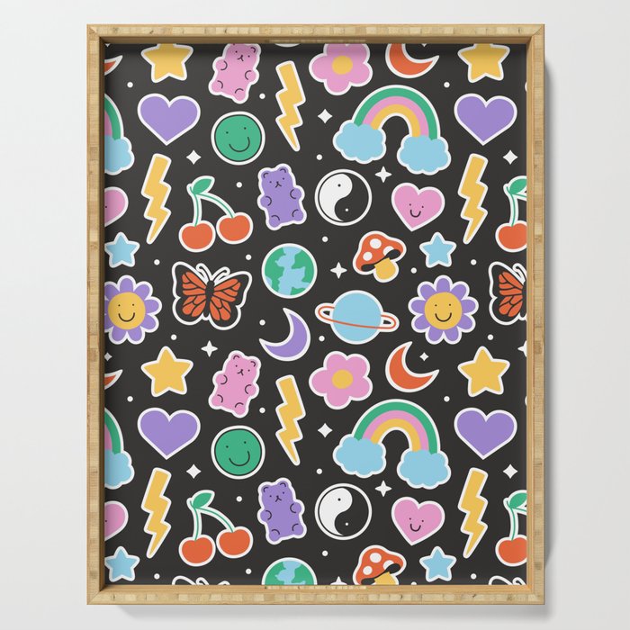 Fun retro cartoon doodle sticker pattern Serving Tray Gallery Image 1