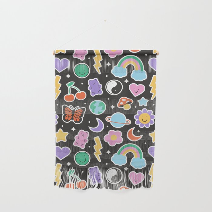 Fun retro cartoon doodle sticker pattern Wall Hanging Gallery Image 1