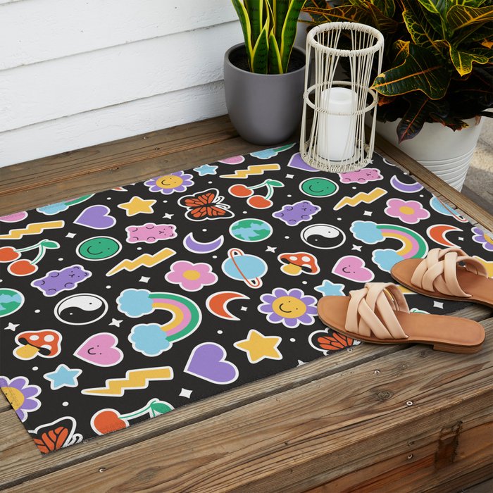 Fun retro cartoon doodle sticker pattern Outdoor Rug Gallery Image 2