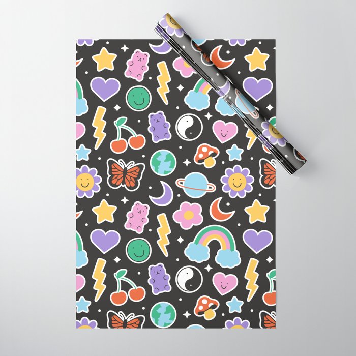 Fun retro cartoon doodle sticker pattern Wrapping Paper Gallery Image 1