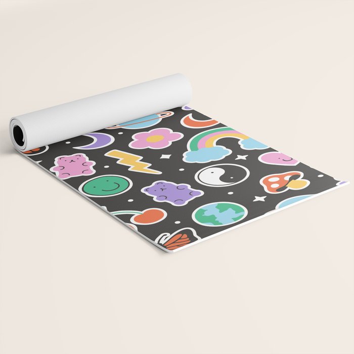 Fun retro cartoon doodle sticker pattern Yoga Mat Gallery Image 2
