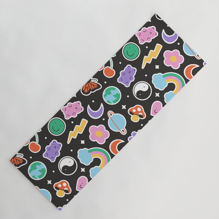 Fun retro cartoon doodle sticker pattern Yoga Mat Gallery Image 1