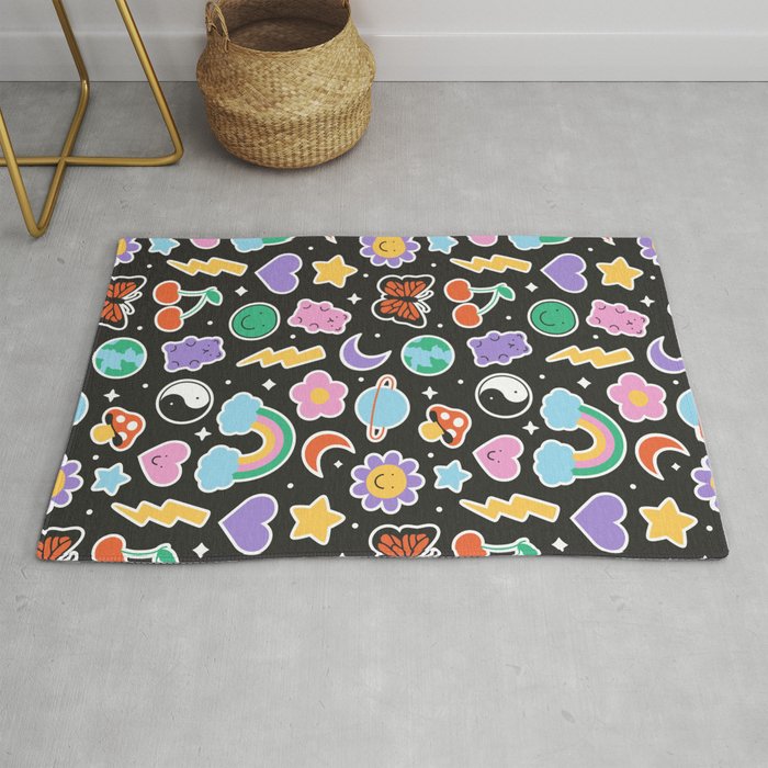 Fun retro cartoon doodle sticker pattern Rug Gallery Image 1