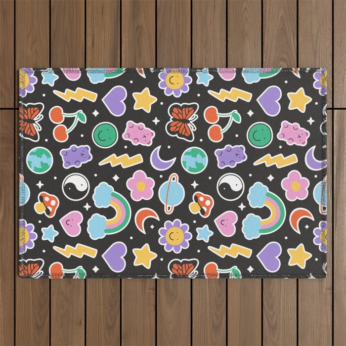Fun retro cartoon doodle sticker pattern Outdoor Rug Gallery Image 1