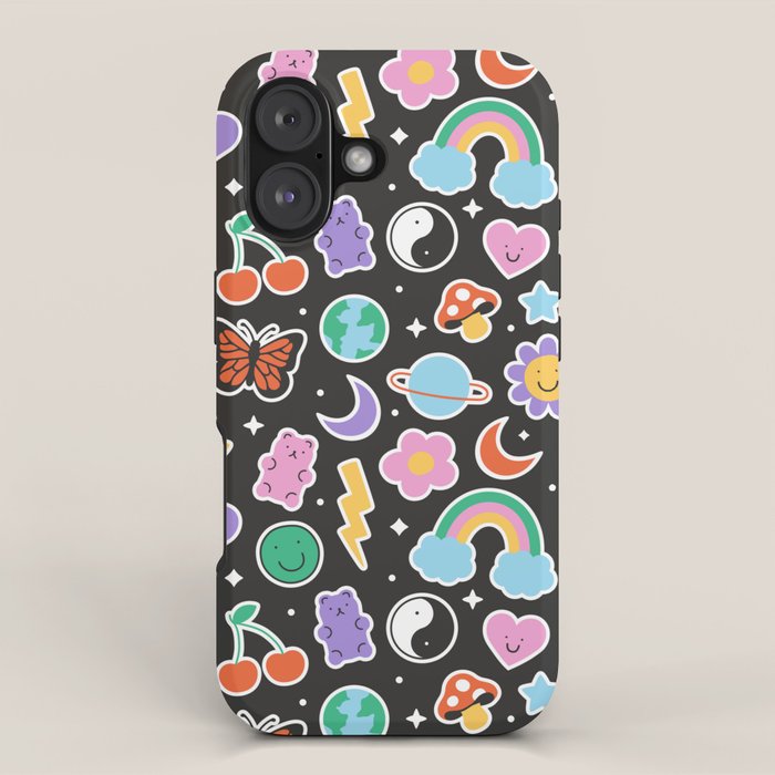 Fun retro cartoon doodle sticker pattern iPhone Case Gallery Image 1