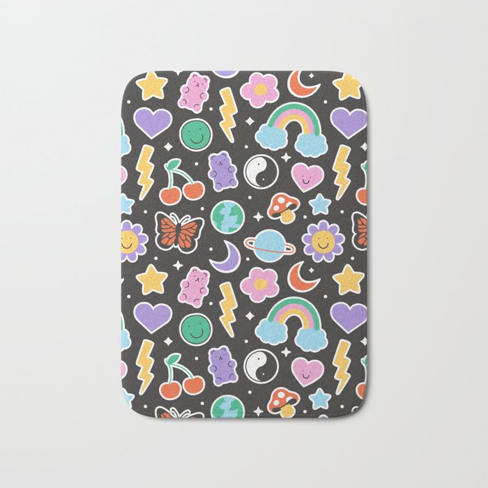 Fun retro cartoon doodle sticker pattern Bath Mat Gallery Image 1