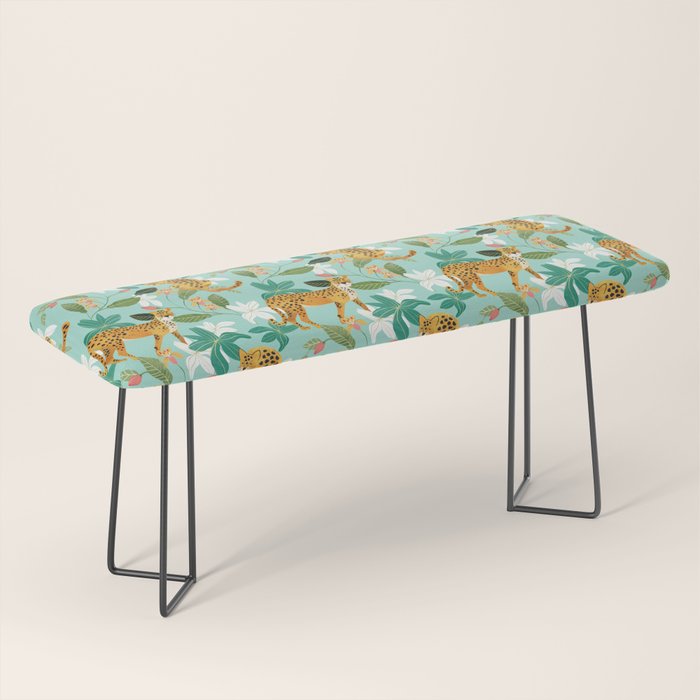 Cheetah Jungle, Wildlife Nature Wild Cats Tigers Leopard Botanical Animals Mint Quirky Illustration Bench Gallery Image 1