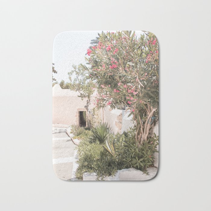 Greece Summer Scenery With Plants Photo | White Island Architecture Art Print | Europe Travel Photography Bath Mat Gallery Image 1