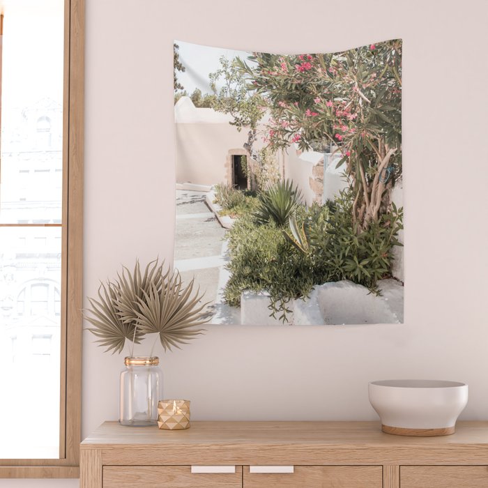 Greece Summer Scenery With Plants Photo | White Island Architecture Art Print | Europe Travel Photography Wall Tapestry Gallery Image 2