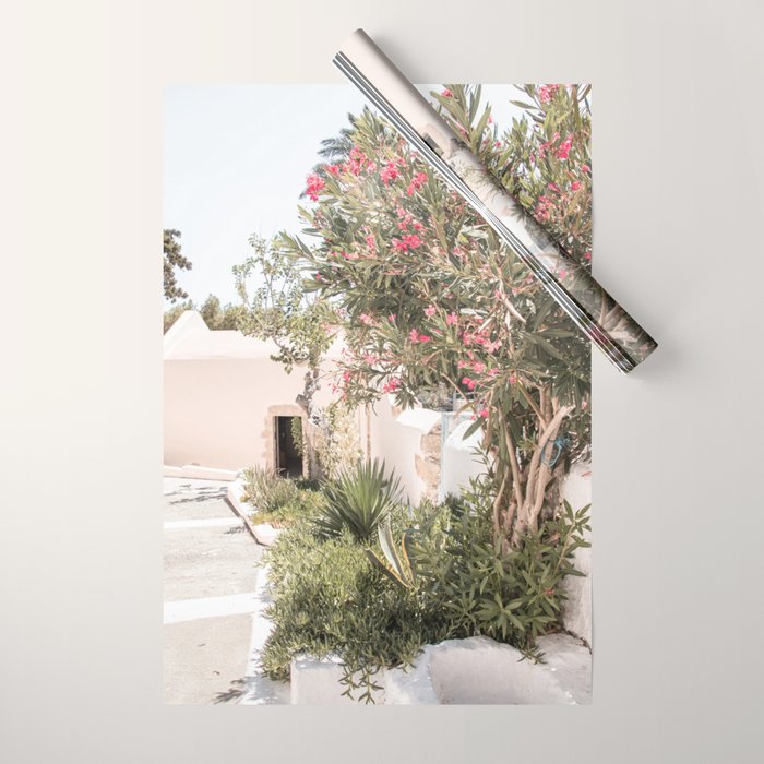 Greece Summer Scenery With Plants Photo | White Island Architecture Art Print | Europe Travel Photography Wrapping Paper Gallery Image 1
