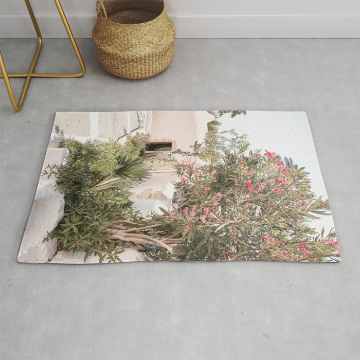 Greece Summer Scenery With Plants Photo | White Island Architecture Art Print | Europe Travel Photography Rug Gallery Image 1
