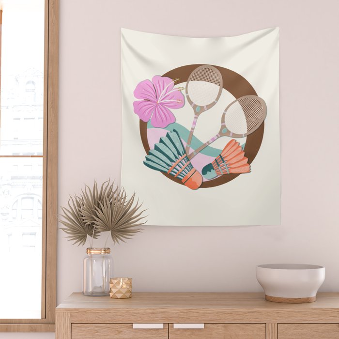 Tropical Badminton badge - pink, orange and teal Wall Tapestry Gallery Image 2
