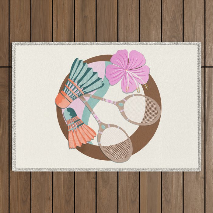 Tropical Badminton badge - pink, orange and teal Outdoor Rug Gallery Image 1