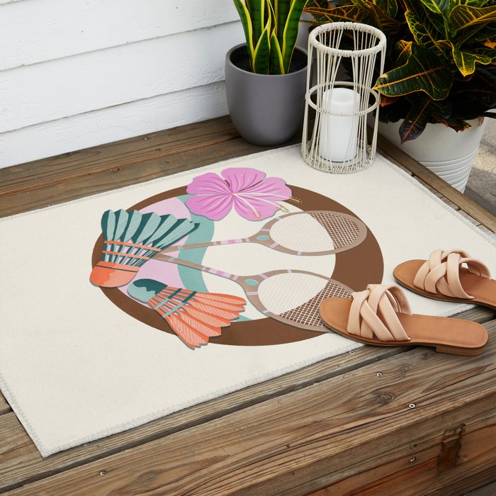 Tropical Badminton badge - pink, orange and teal Outdoor Rug Gallery Image 2