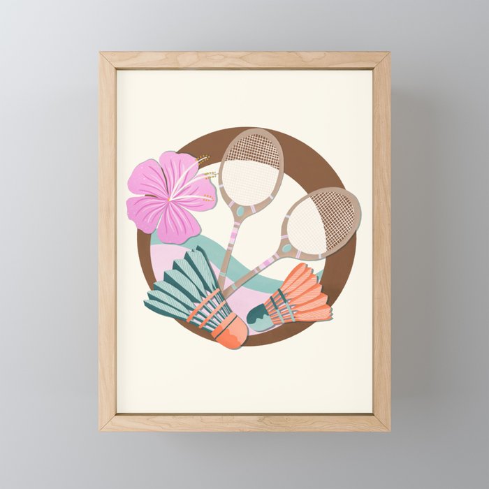 Tropical Badminton badge - pink, orange and teal Mini Art Print Gallery Image 1