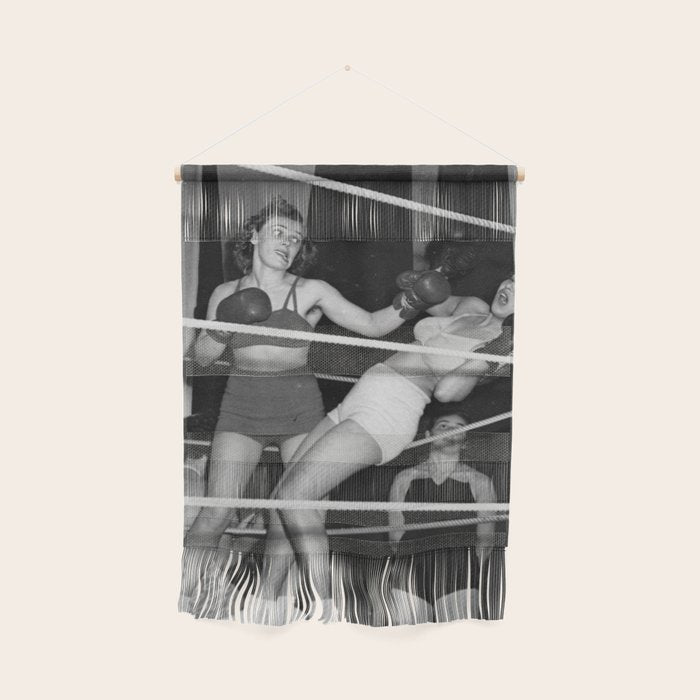 Oh, no she didn't! female boxer knocking out other female boxer vintage sports black and white photograph - photography - photographs Wall Hanging Gallery Image 1