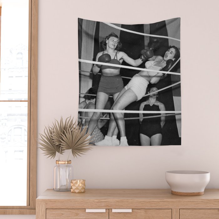 Oh, no she didn't! female boxer knocking out other female boxer vintage sports black and white photograph - photography - photographs Wall Tapestry Gallery Image 2