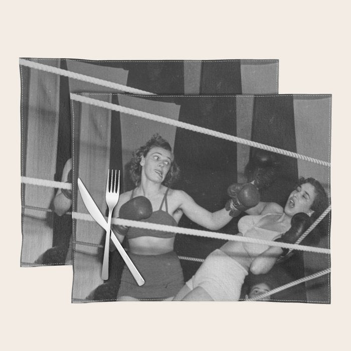 Oh, no she didn't! female boxer knocking out other female boxer vintage sports black and white photograph - photography - photographs Placemat Gallery Image 1