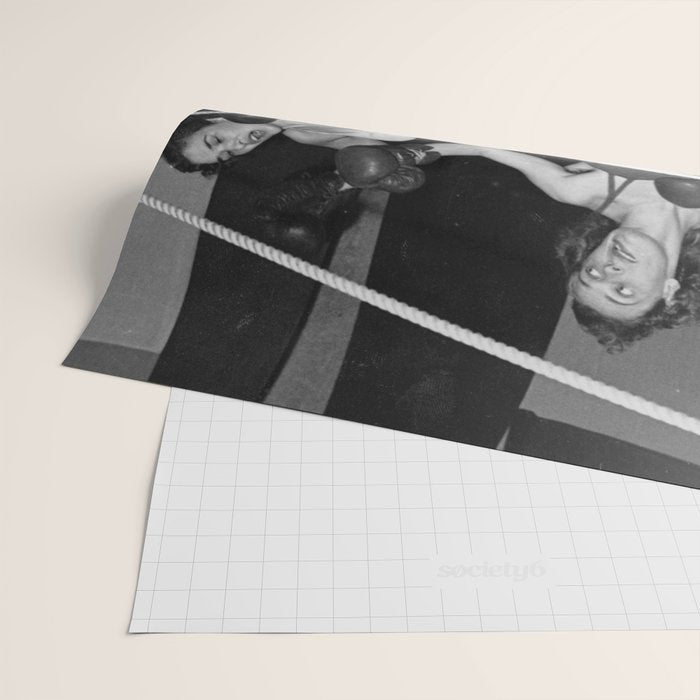 Oh, no she didn't! female boxer knocking out other female boxer vintage sports black and white photograph - photography - photographs Wrapping Paper Gallery Image 2