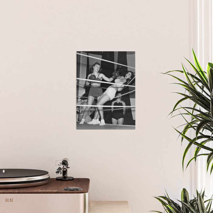 Oh, no she didn't! female boxer knocking out other female boxer vintage sports black and white photograph - photography - photographs Poster Gallery Image 2